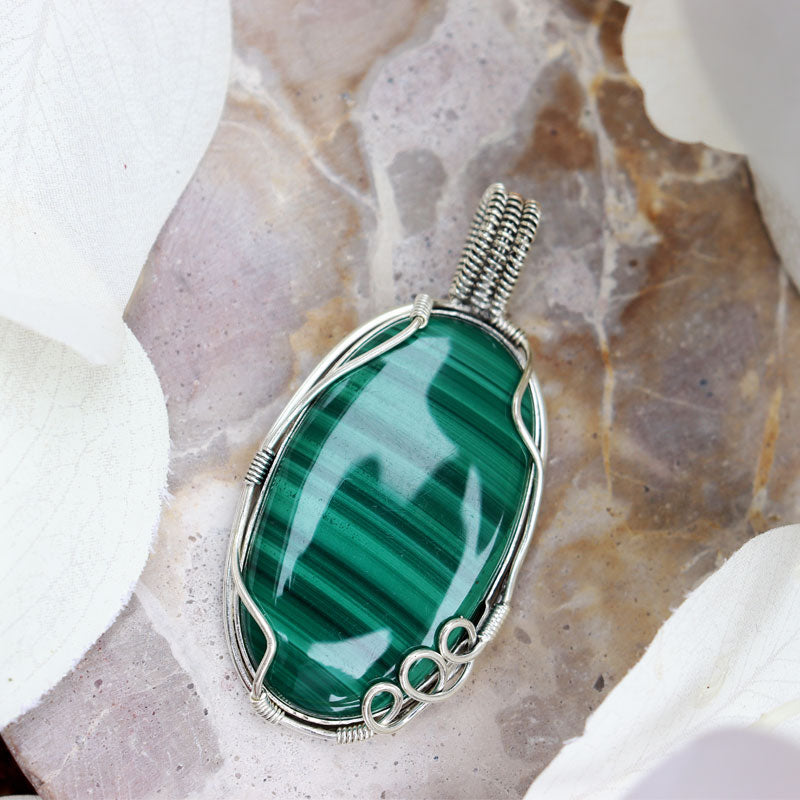 big malachite silver gemstone pendant