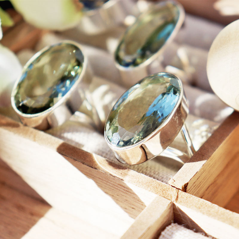 green amethyst oval silver gemstone ring