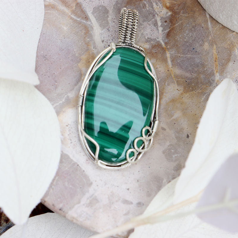 big malachite silver gemstone pendant