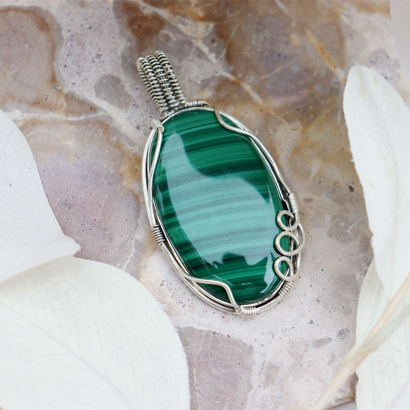 big malachite silver gemstone pendant