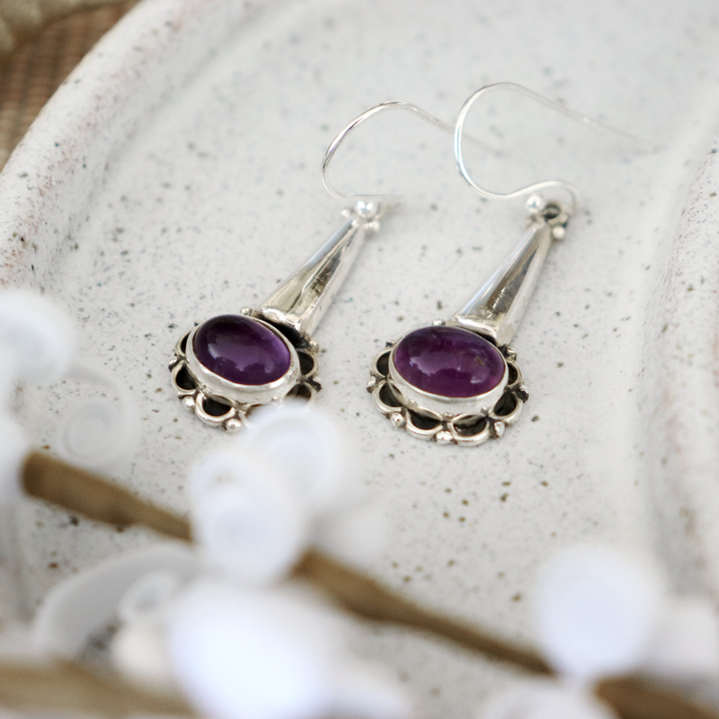 amethyst gemstone sterling silver drop earrings