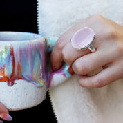 chunky rose quartz silver gemstone oval ring