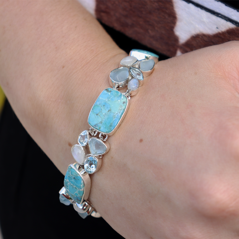 turquoise moonstone blue topaz sterling silver gemstone bracelet