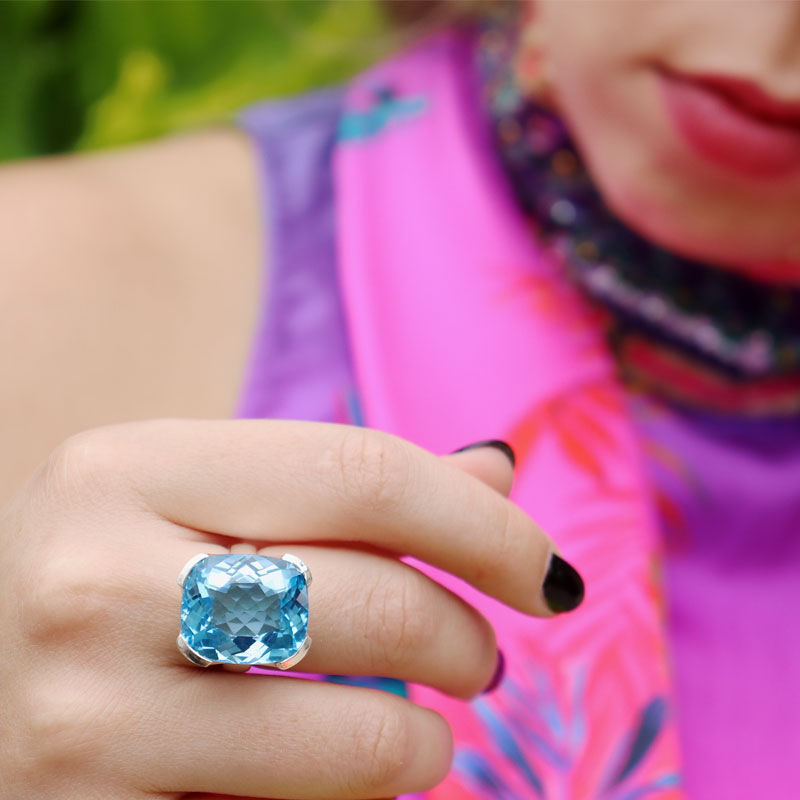 large swiss blue topaz silver gemstone ring