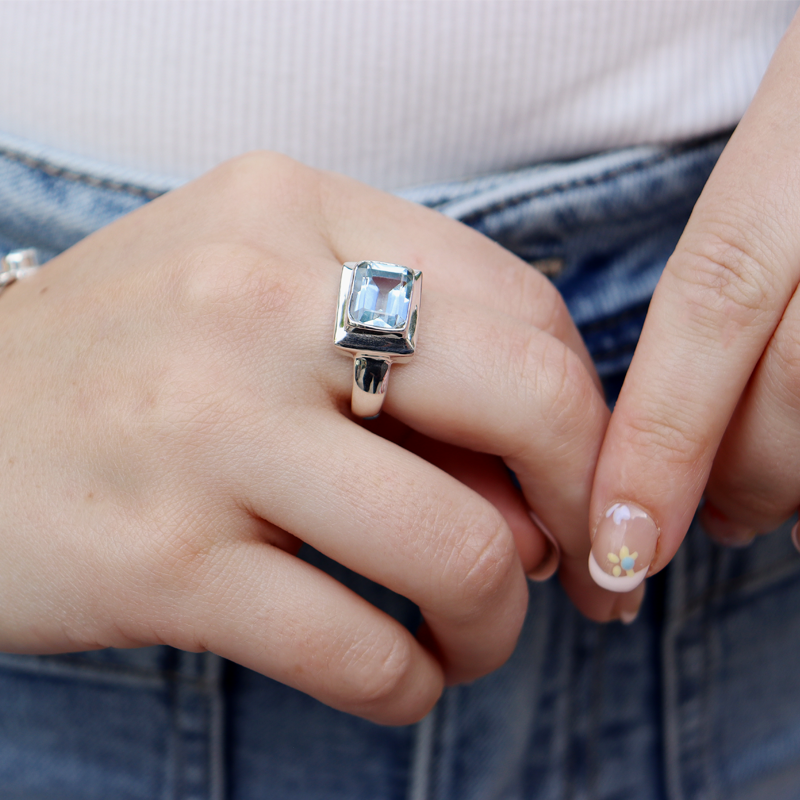 blue topaz emerald cut sterling silver gemstone ring