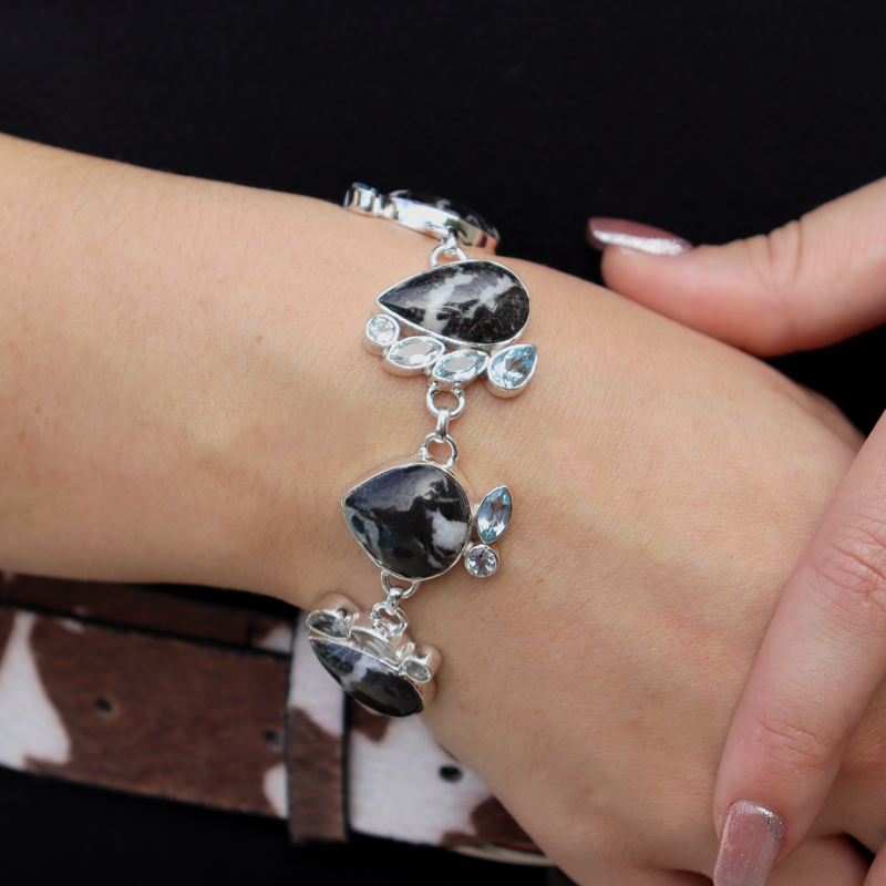 black onyx blue topaz sterling silver gemstone bracelet