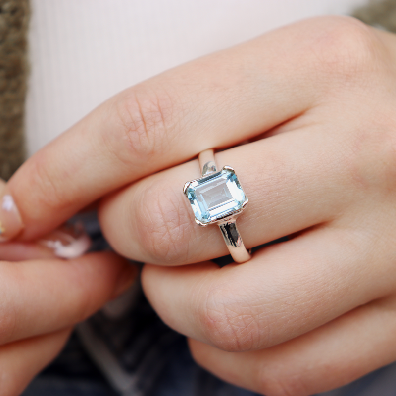 blue topaz emerald cut sterling silver gemstone ring