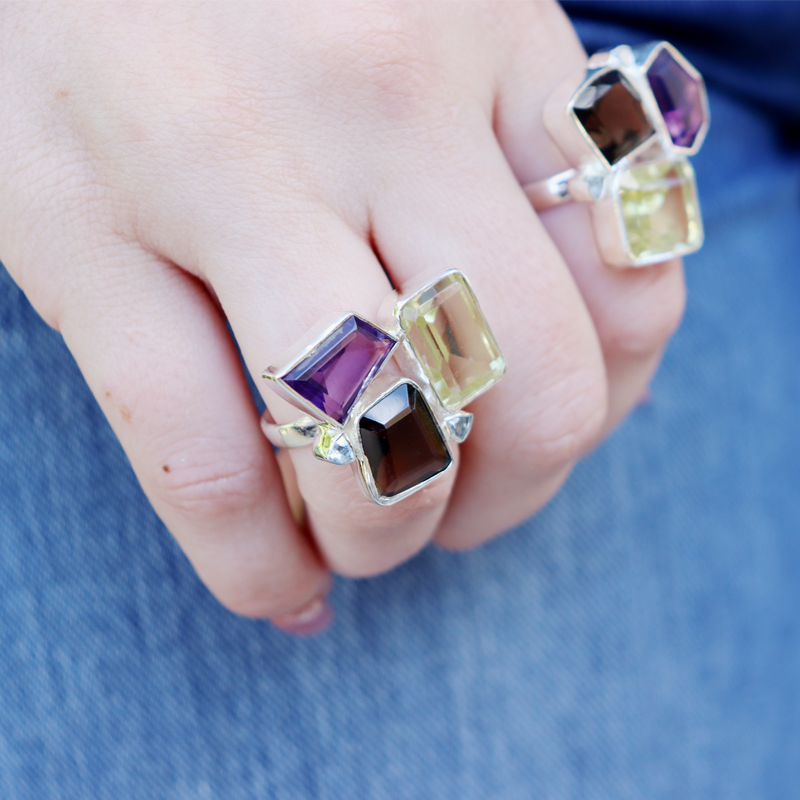 amethyst citrine smoky quartz blue topaz sterling silver gemstone ring