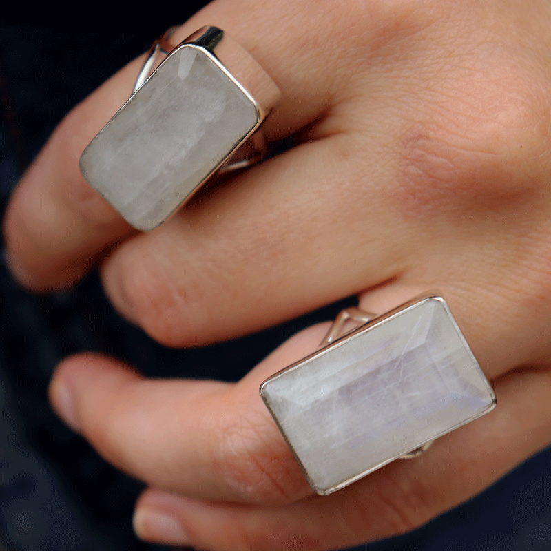 emerald cut moonstone sterling silver ring