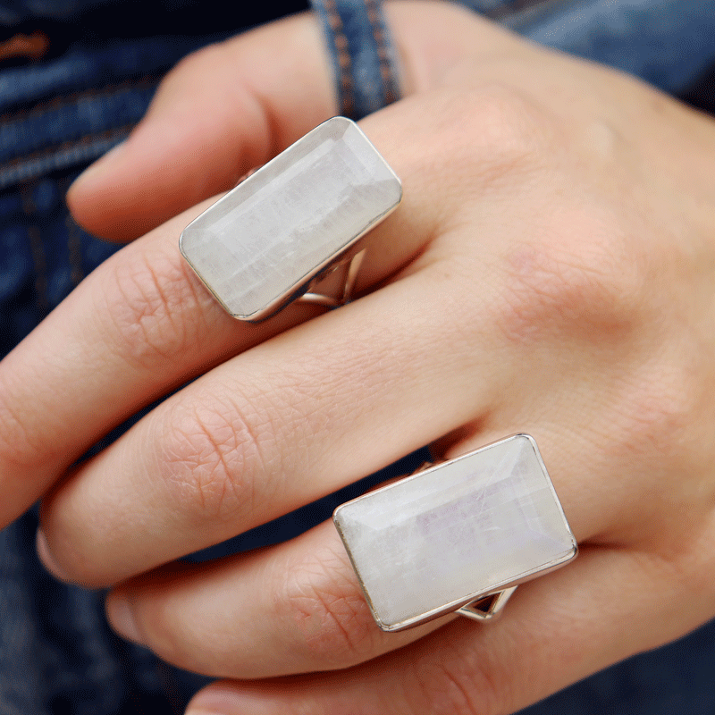 emerald cut moonstone sterling silver ring
