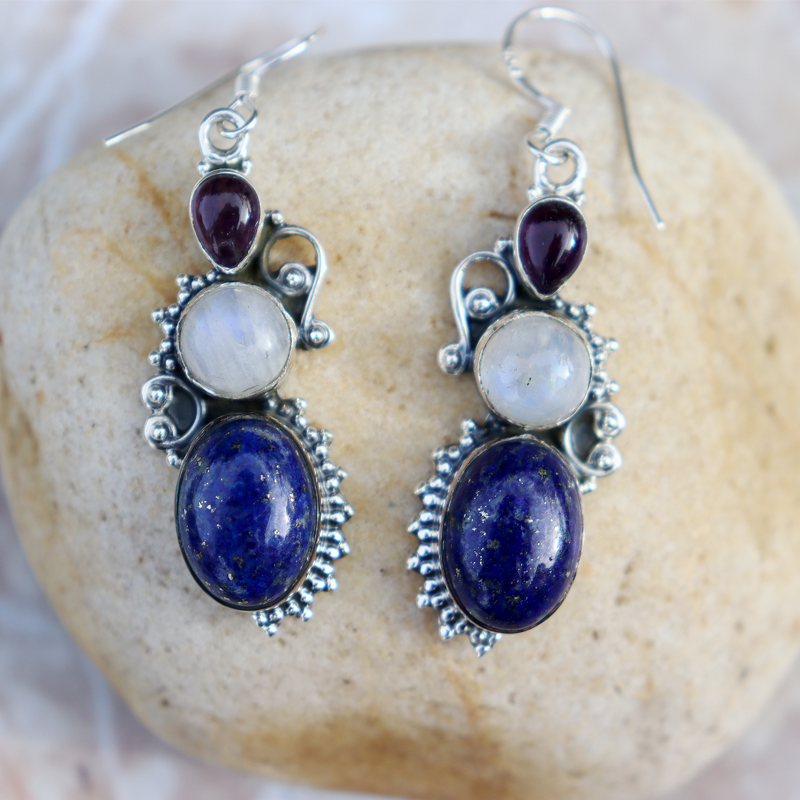 lapis lazuli moonstone amethyst sterling silver gemstone earrings