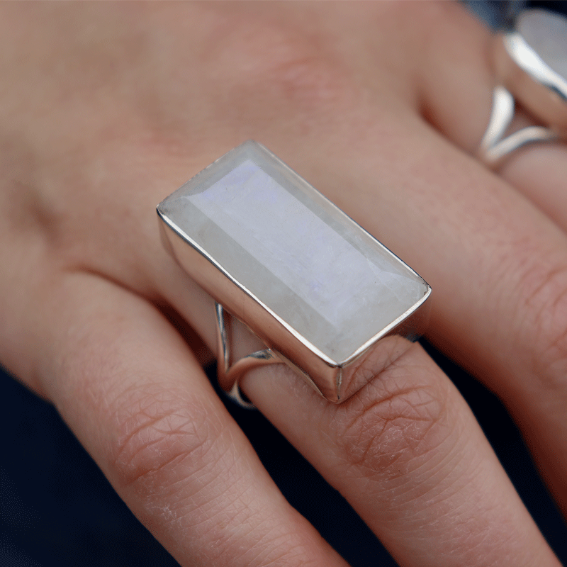 emerald cut moonstone sterling silver ring