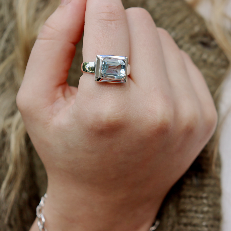 blue topaz emerald cut sterling silver gemstone ring