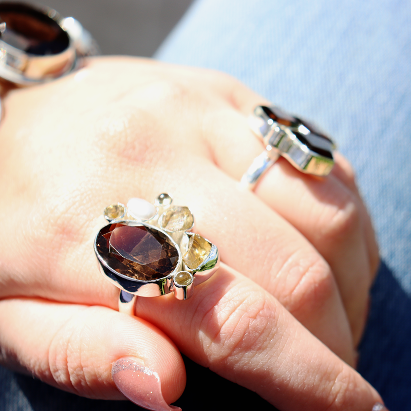 smoky quartz citrine pearl labradorite sterling silver gemstone ring