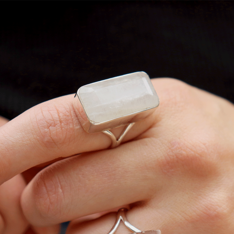 emerald cut moonstone sterling silver ring