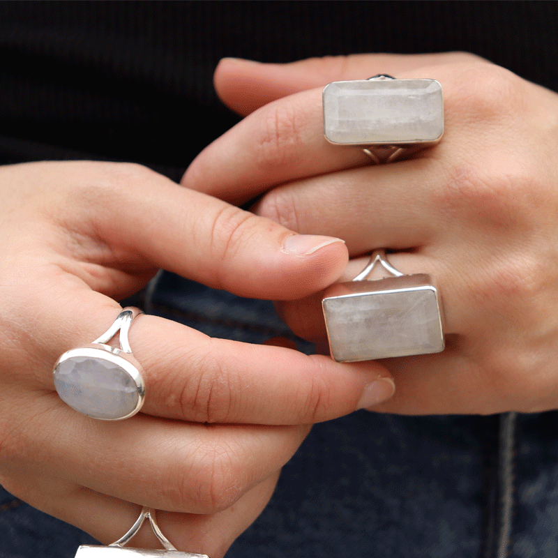 emerald cut moonstone sterling silver ring