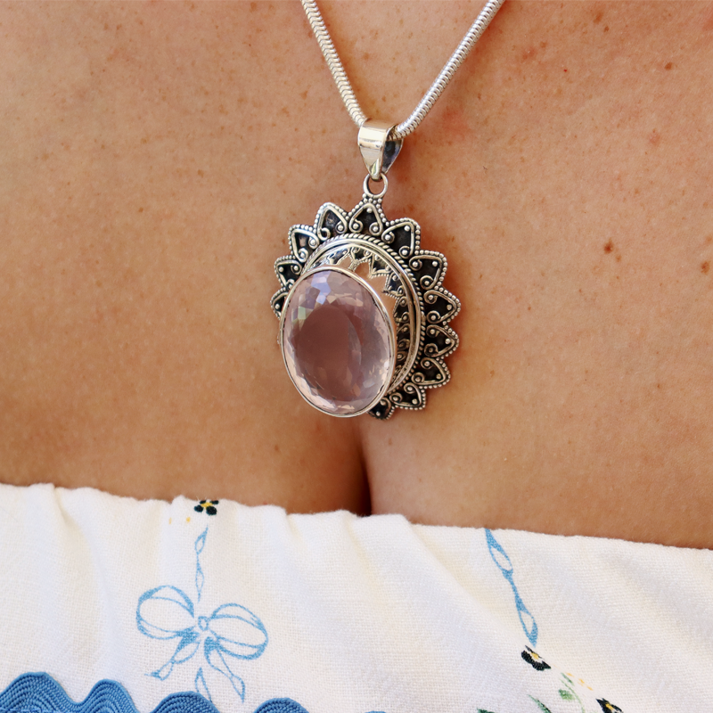 rose quartz oval sterling silver gemstone pendant