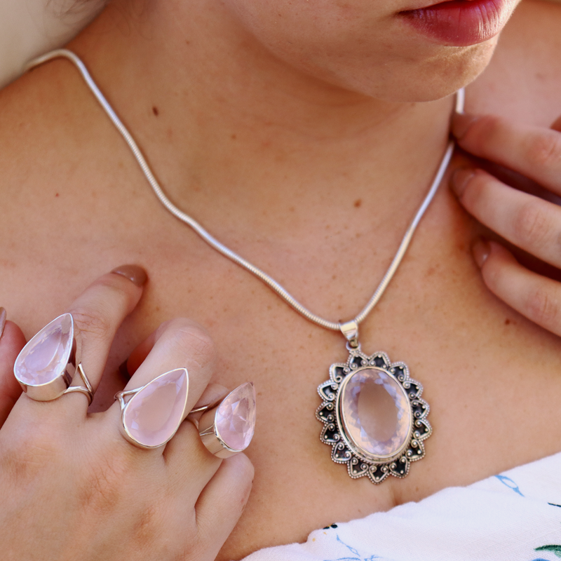 rose quartz oval sterling silver gemstone pendant