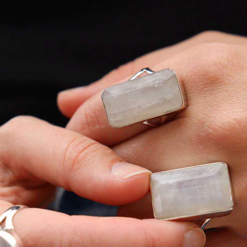 emerald cut moonstone sterling silver ring