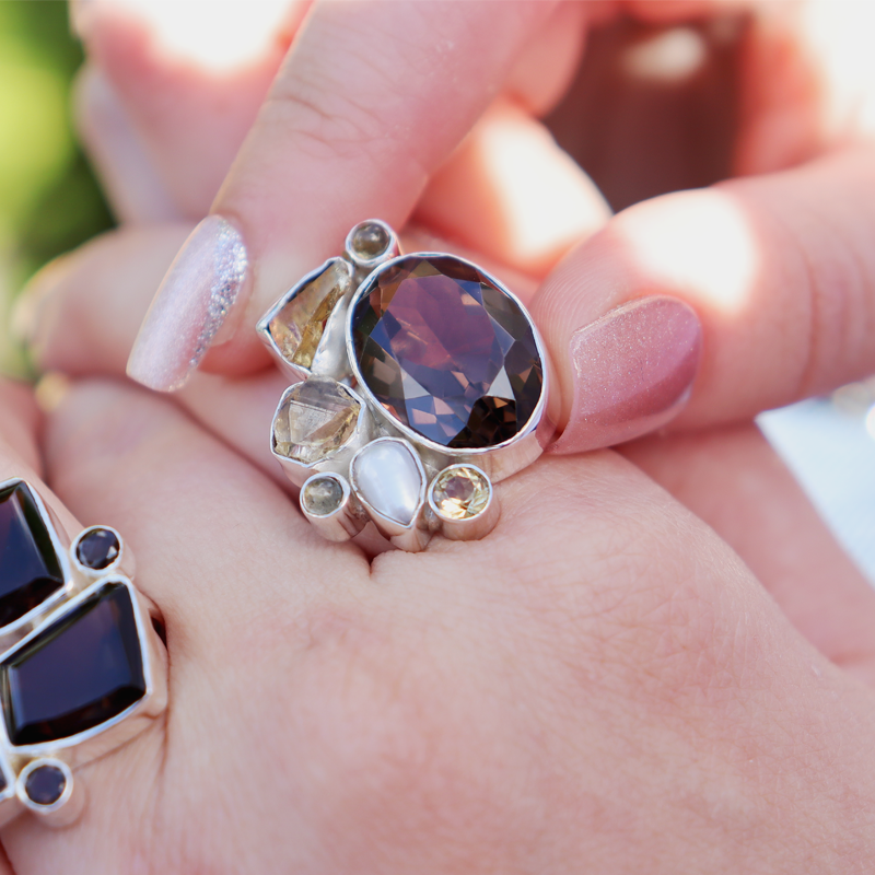 smoky quartz citrine pearl labradorite sterling silver gemstone ring