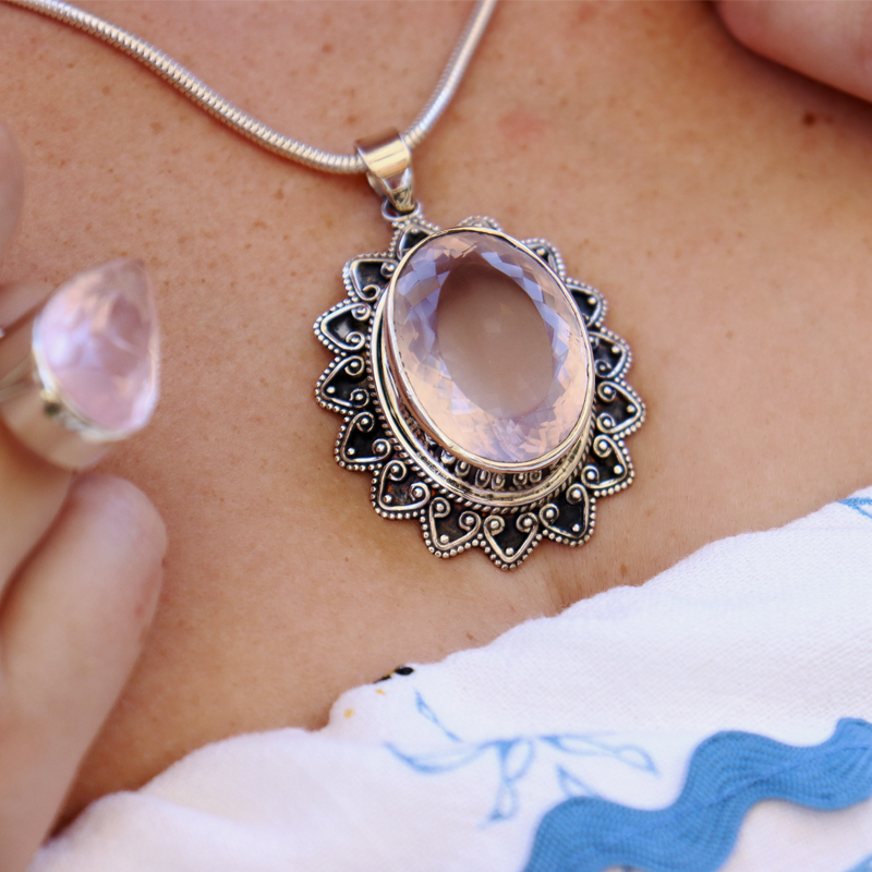rose quartz oval sterling silver gemstone pendant