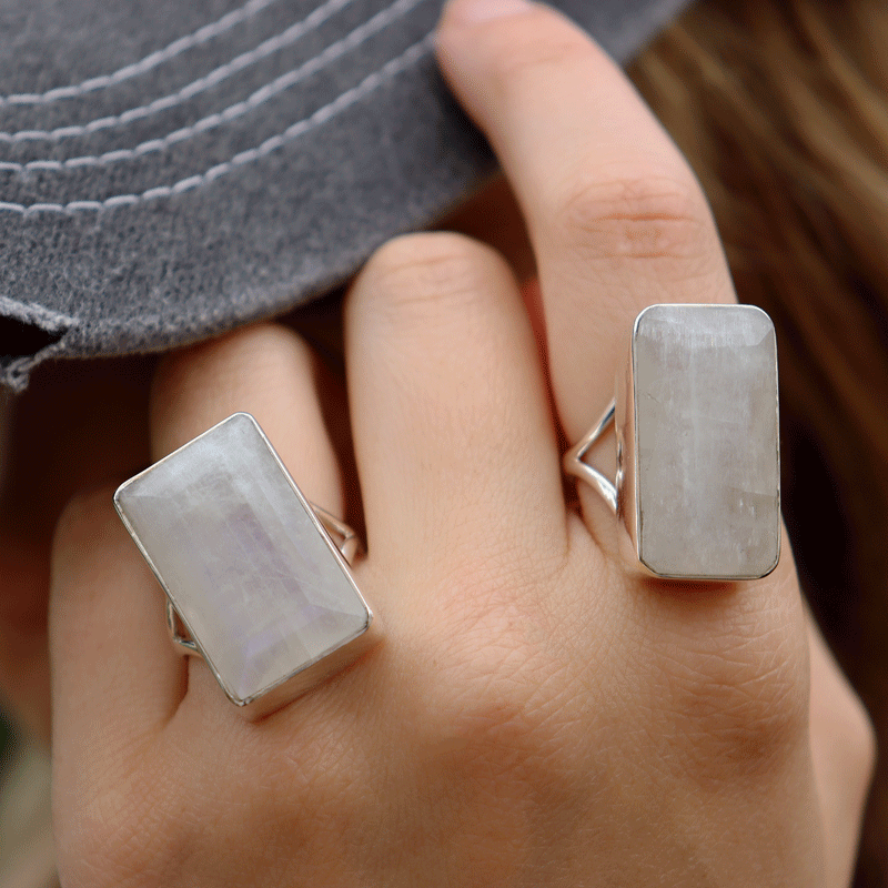 emerald cut moonstone sterling silver ring