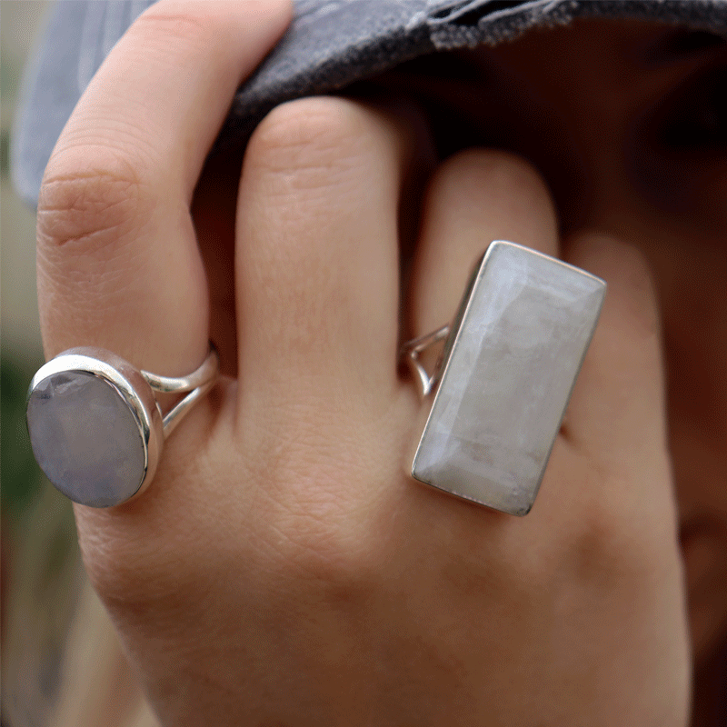 emerald cut moonstone sterling silver ring