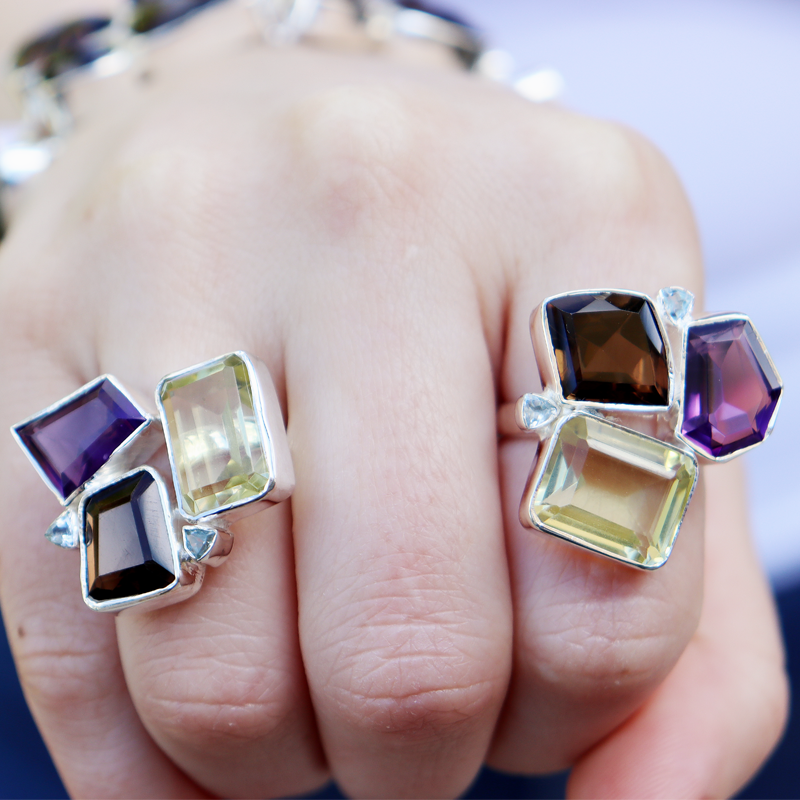 amethyst citrine smoky quartz blue topaz sterling silver gemstone ring