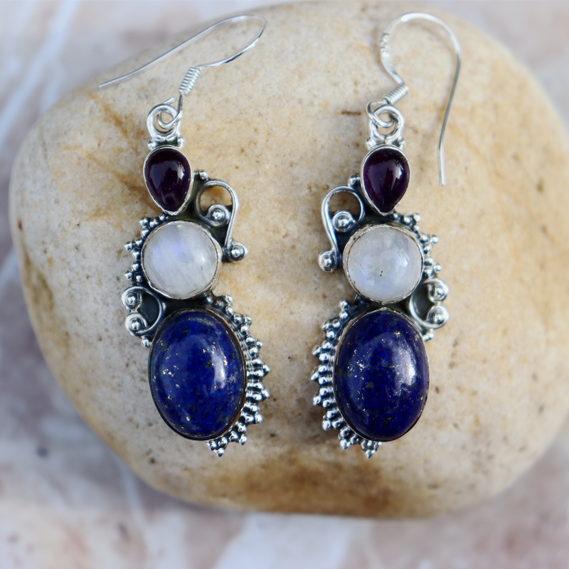 lapis lazuli moonstone amethyst sterling silver gemstone earrings