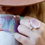 chunky rose quartz silver gemstone oval ring