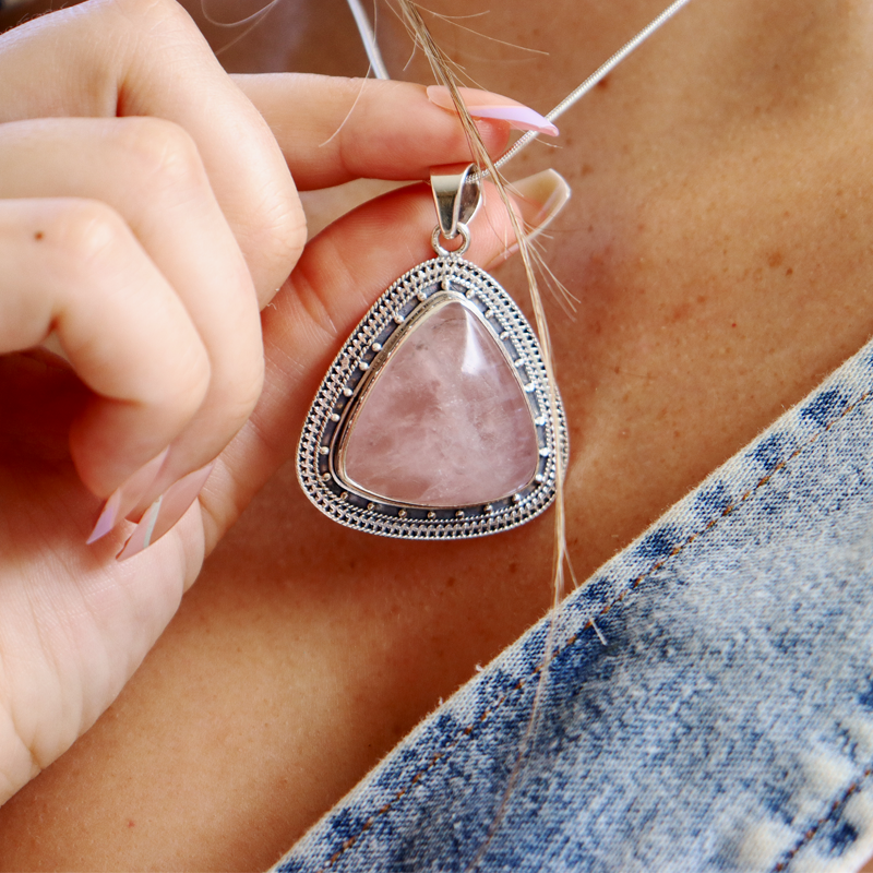 rose quartz sterling silver gemstone pendant