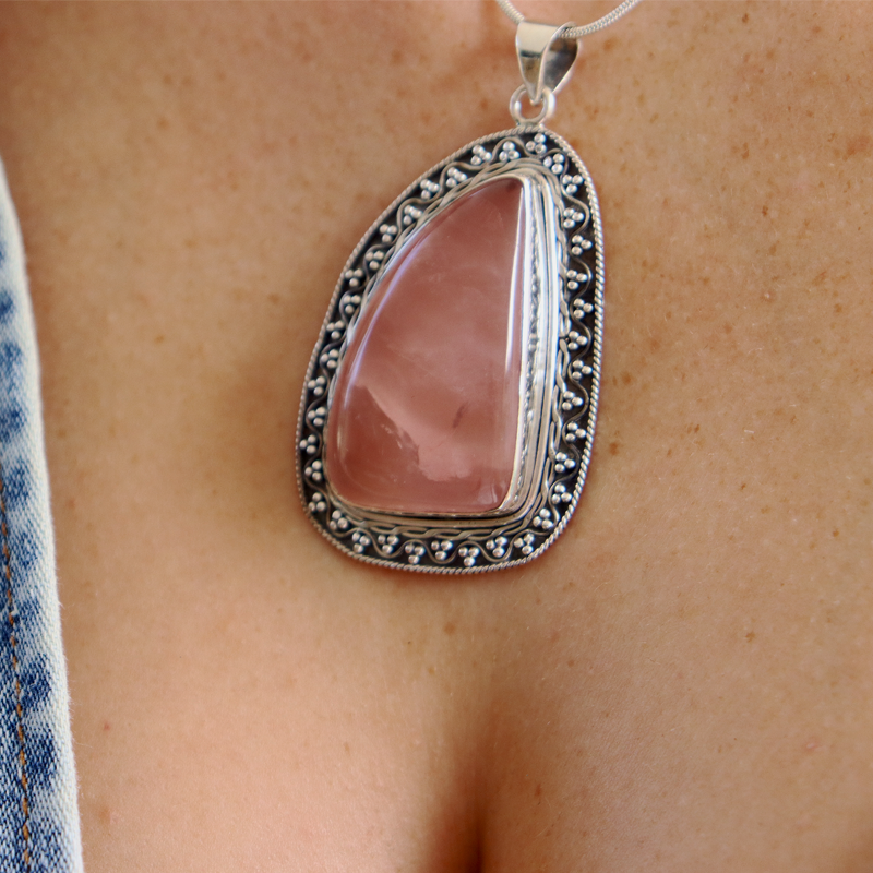 large rose quartz sterling silver gemstone pendant