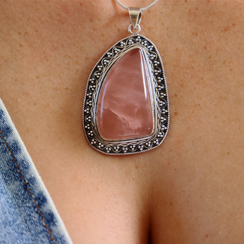 large rose quartz sterling silver gemstone pendant