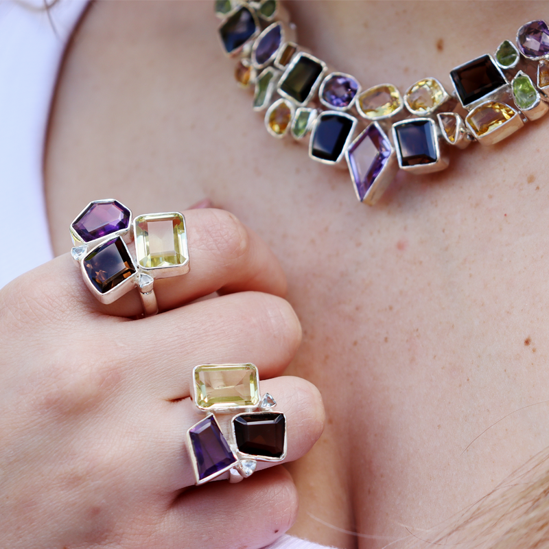 amethyst citrine smoky quartz blue topaz sterling silver gemstone ring