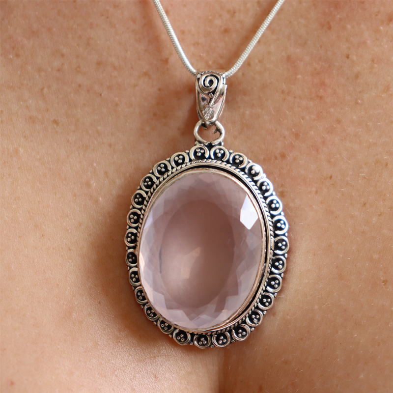 rose quartz oval sterling silver gemstone pendant