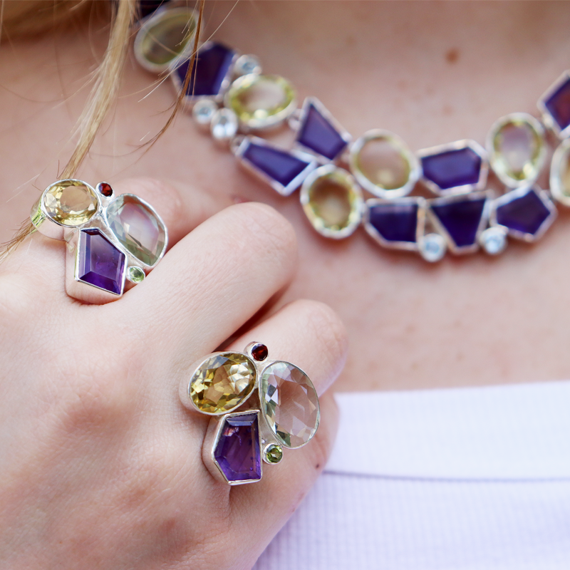 amethyst citrine peridot garnet sterling silver gemstone ring