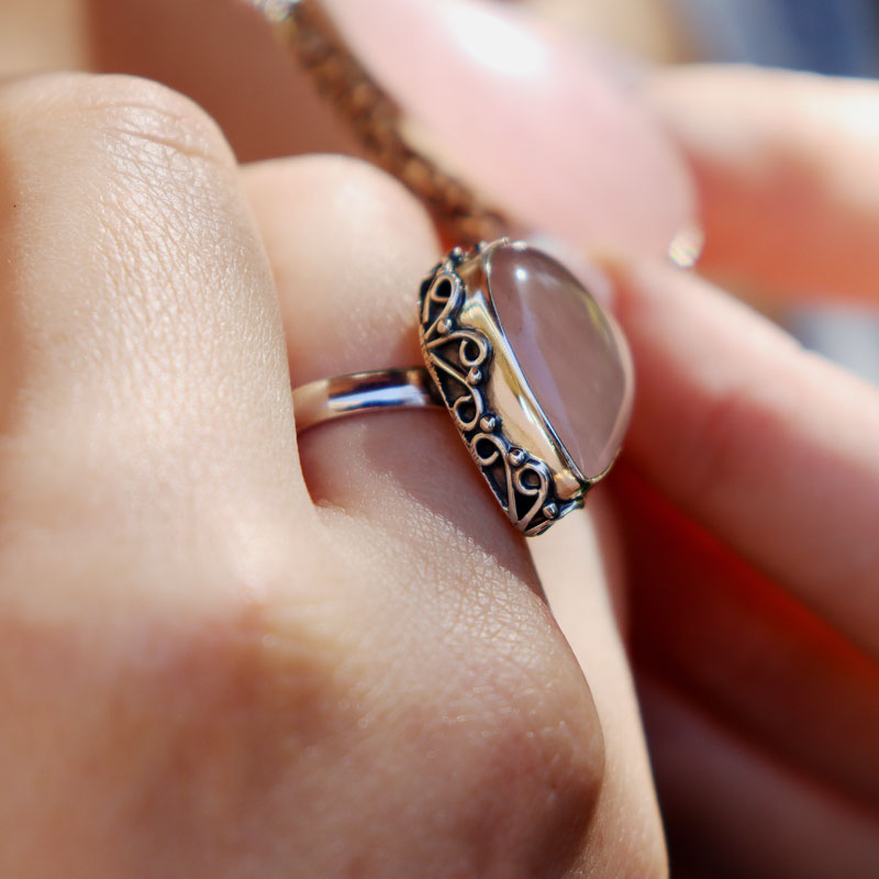 rose quartz teardrop silver gemstone ring