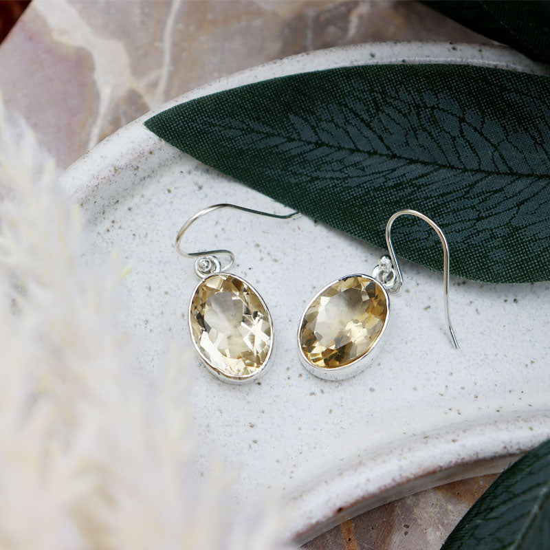 lemon quartz silver oval earrings
