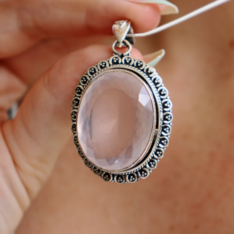 rose quartz oval sterling silver gemstone pendant