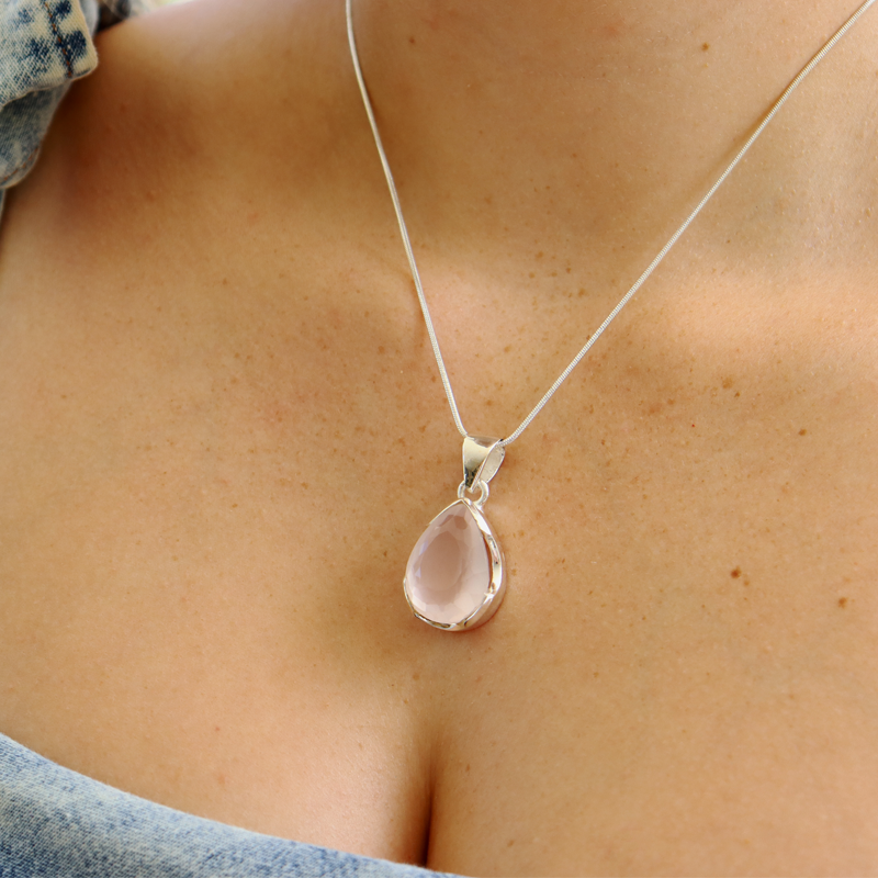 rose quartz teardrop sterling silver gemstone pendant
