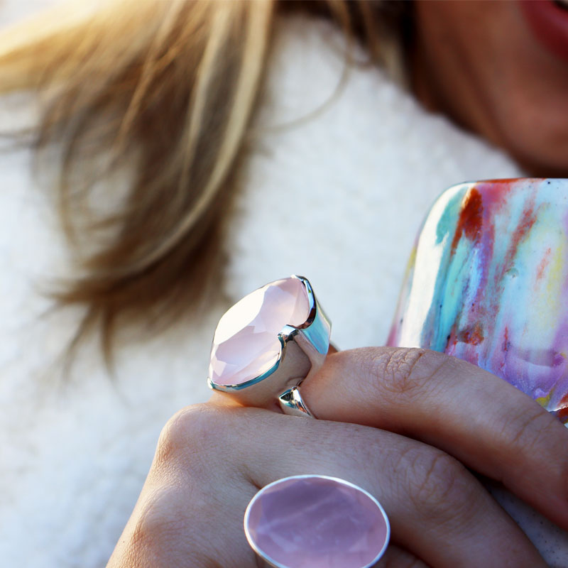 square rose quartz silver gemstone ring