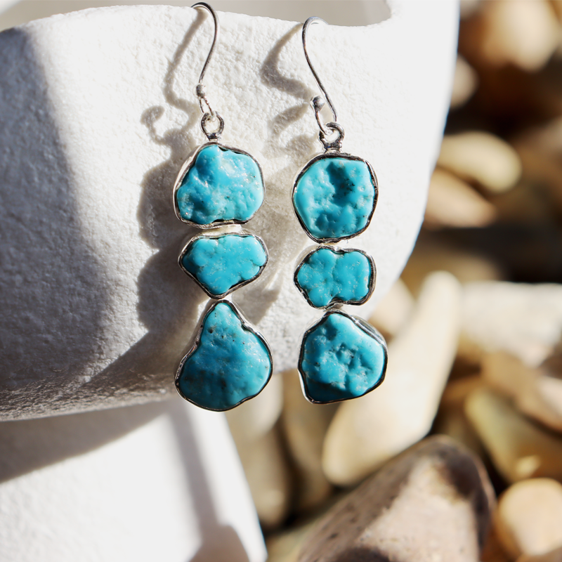 raw turquoise sterling silver gemstone earrings