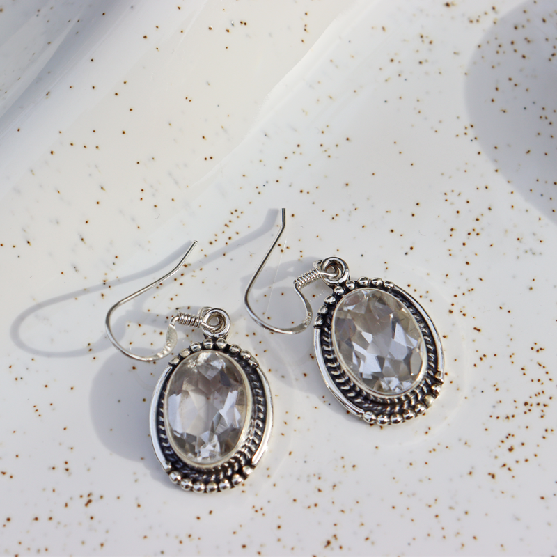 clear quartz oval sterling silver gemstone earrings