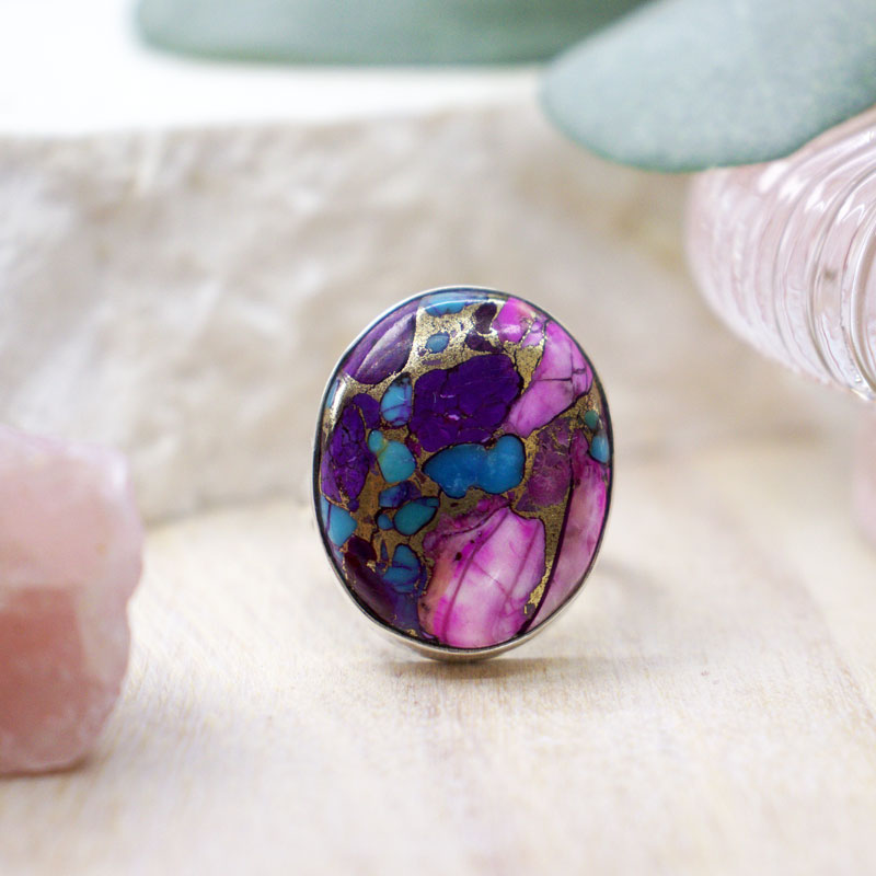 pink dahlia copper turquoise silver gemstone ring