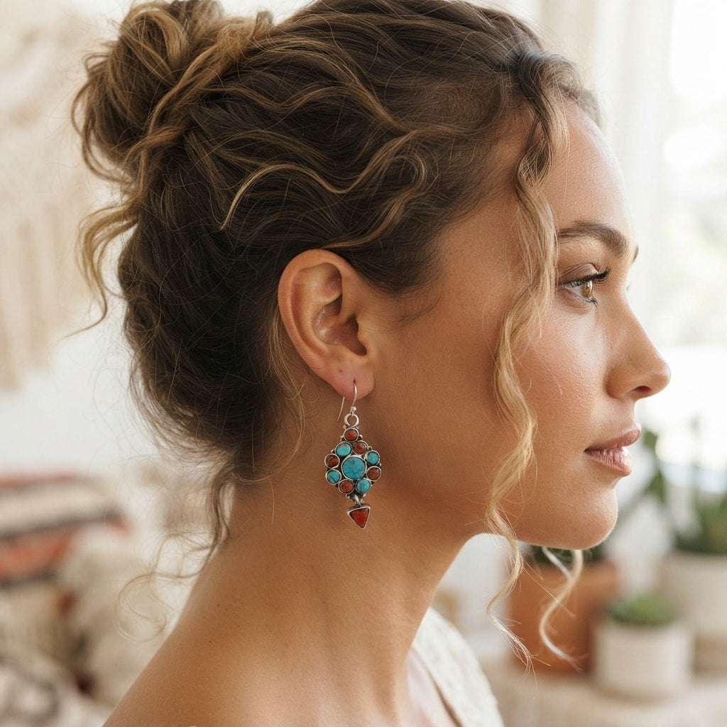 Turquoise Coral Vintage Boho Style Earrings