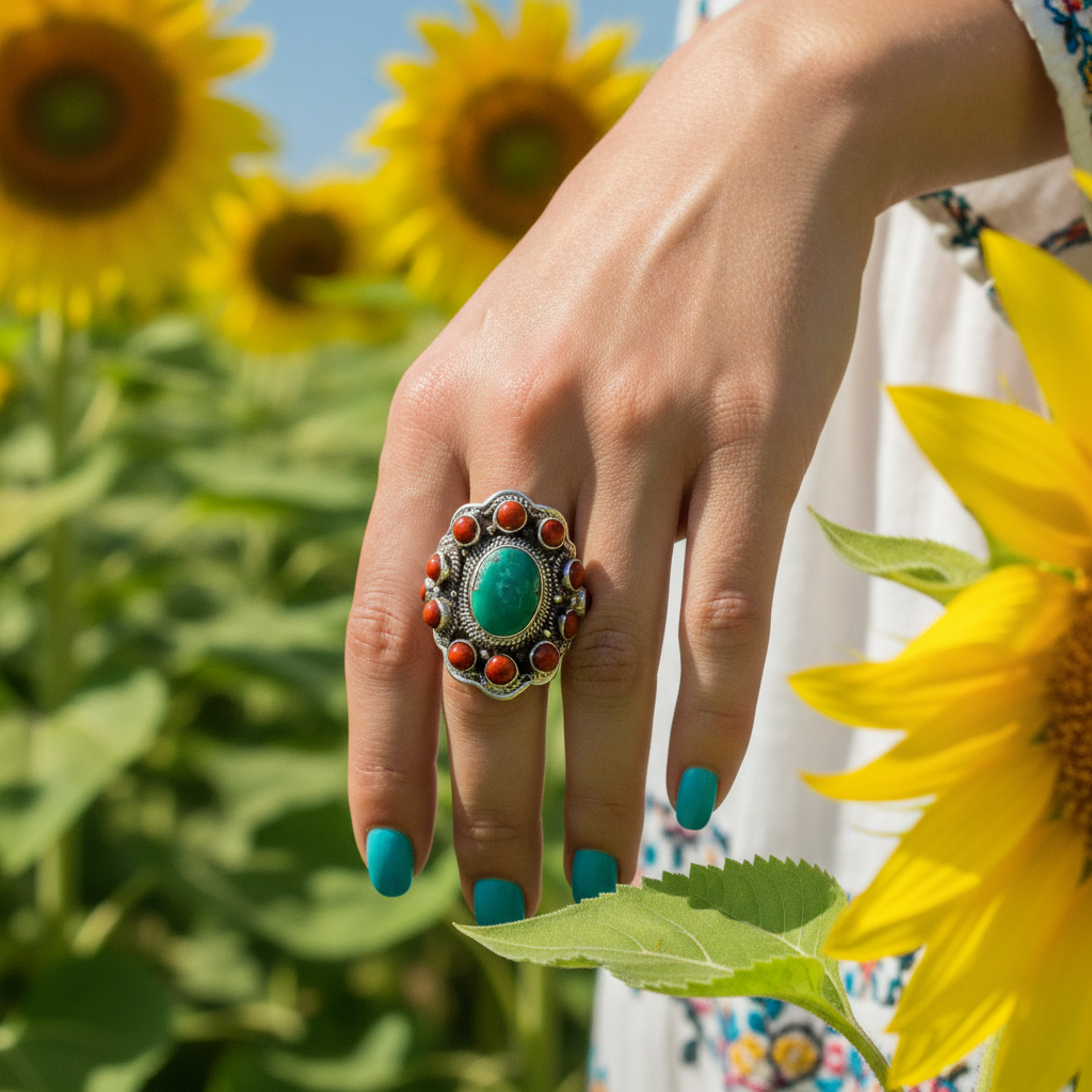 turquosie coral sterling silver gemstone ring