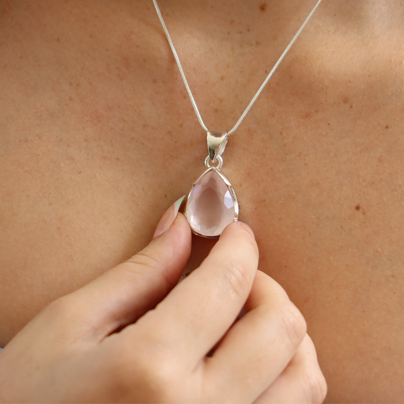 rose quartz teardrop sterling silver gemstone pendant