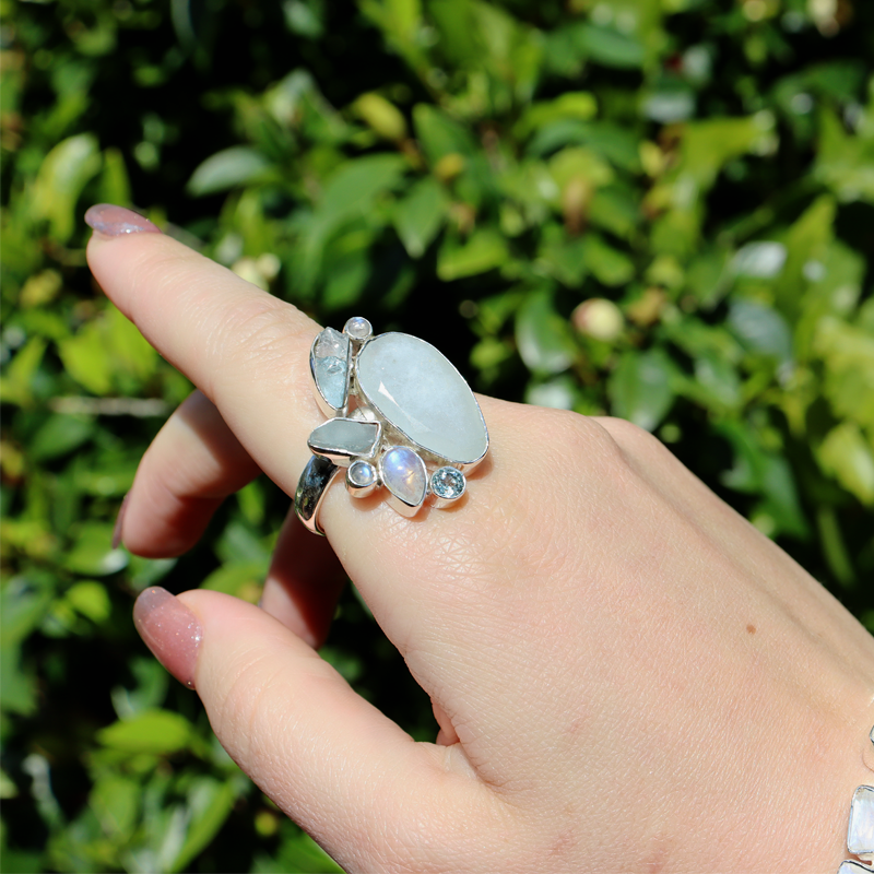 moonstone blue topaz sterling silver gemstone ring