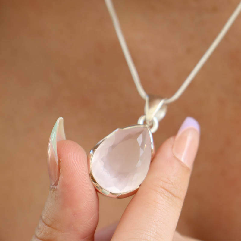 rose quartz teardrop sterling silver gemstone pendant