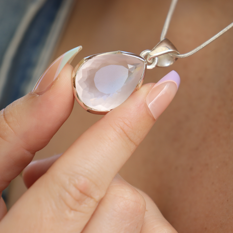 rose quartz teardrop sterling silver gemstone pendant